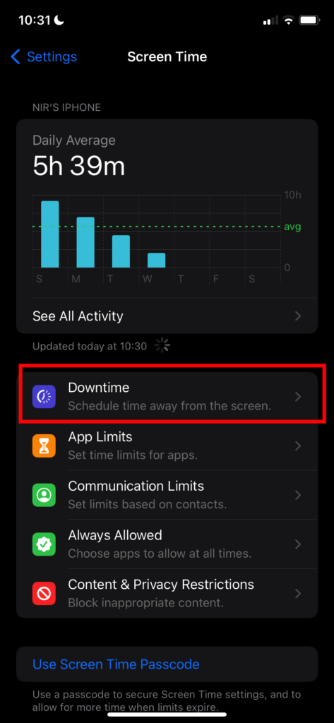 how to turn off downtime on apple watch - screen time settings page
