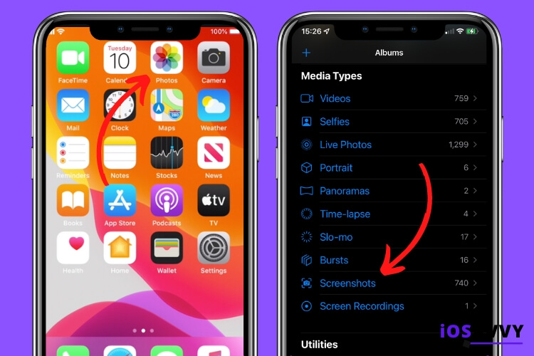 Where to find your screenshots inside the Photos app